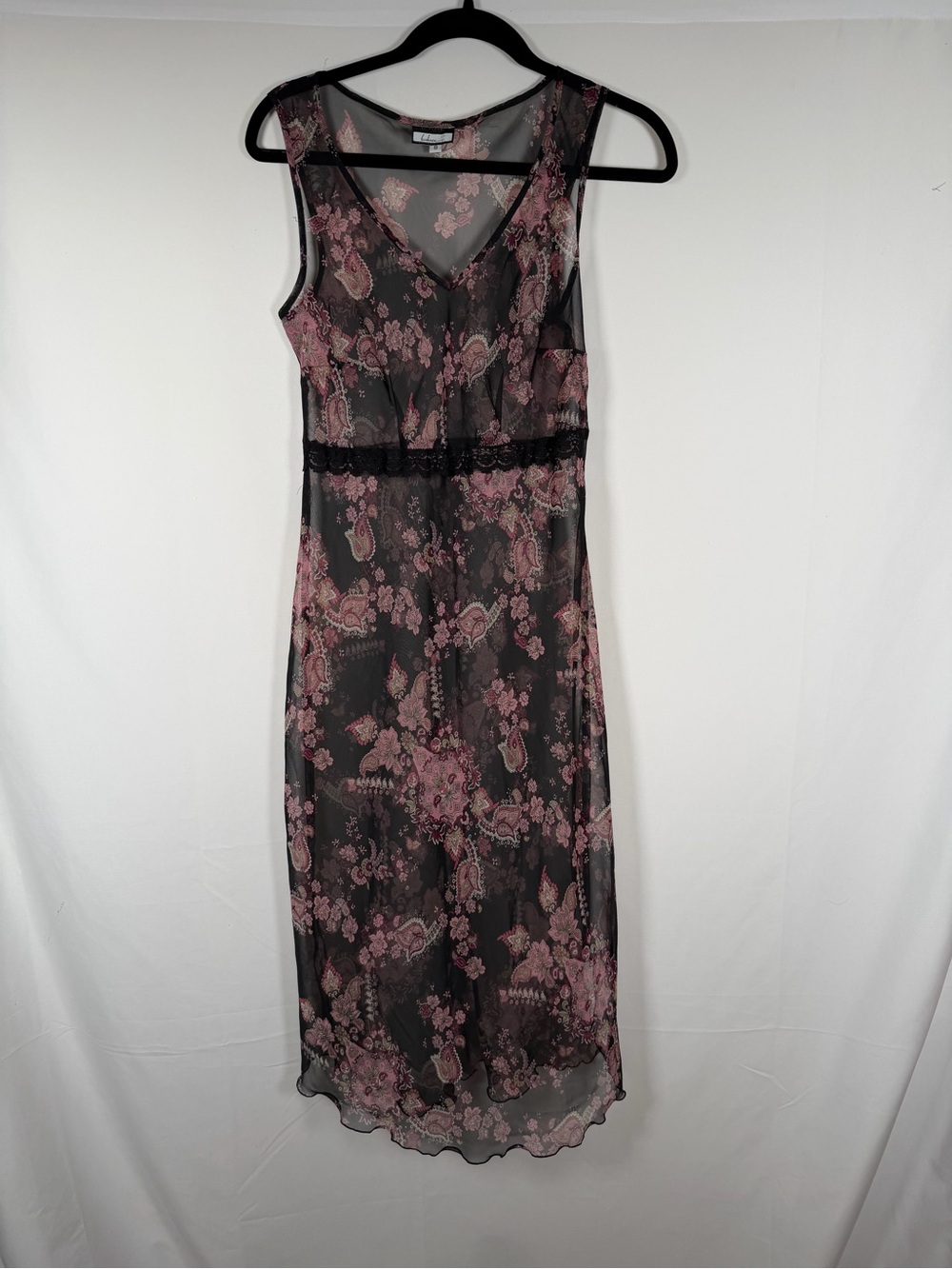 Vintage Fairygrunge Whimsical Sleeveless Lace-Trim Sheer Paisley Midi Dress